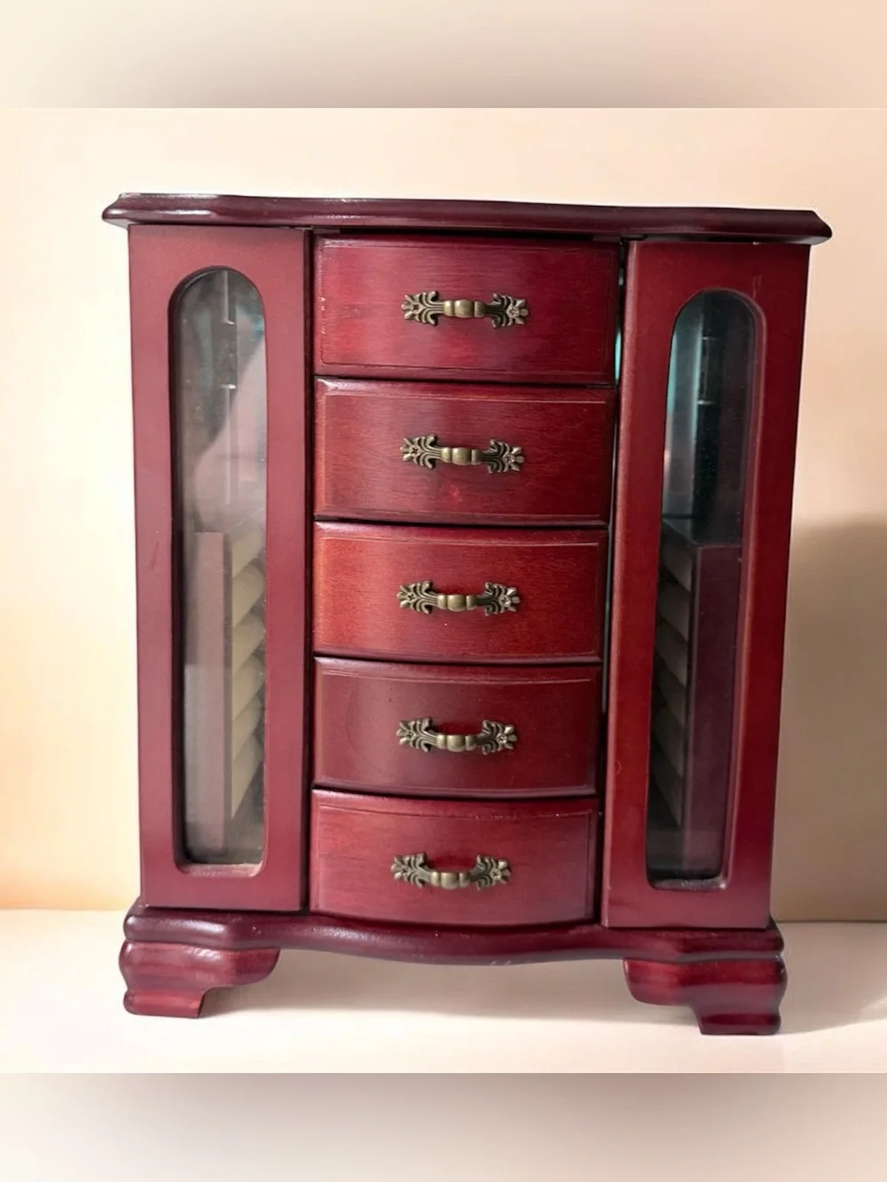Wooden Jewelry Armoire Chest in Deep Red - Classic Storage Organizer